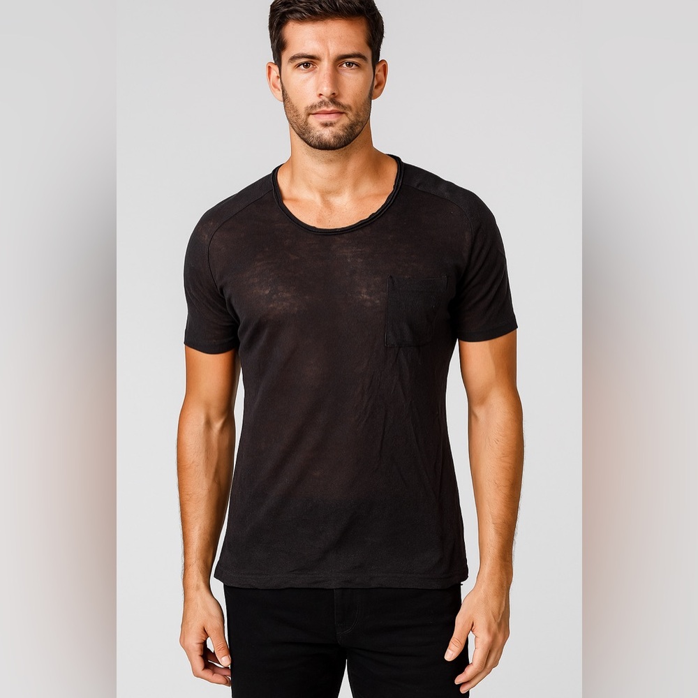 Saint Laurent Black Men's T-Shirt - deconstructed, YSL logo on pocket size Small
